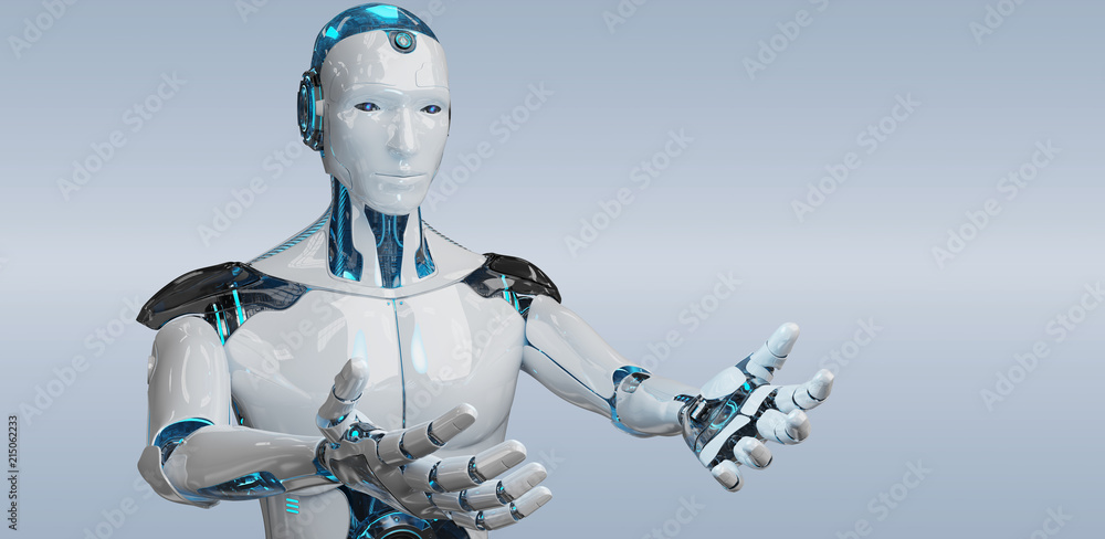 白人男性半机械人张开双手，在灰色背景下进行隔离3D渲染