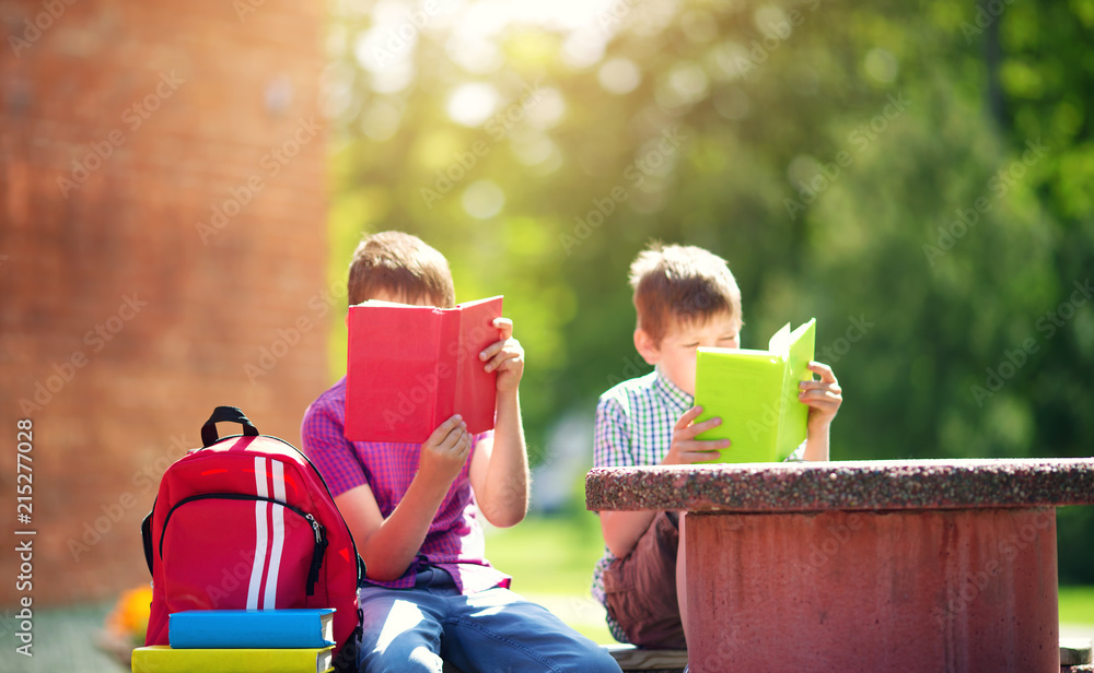 孩子们背着背包坐在学校附近的公园里。小学生们在户外背着书和背包