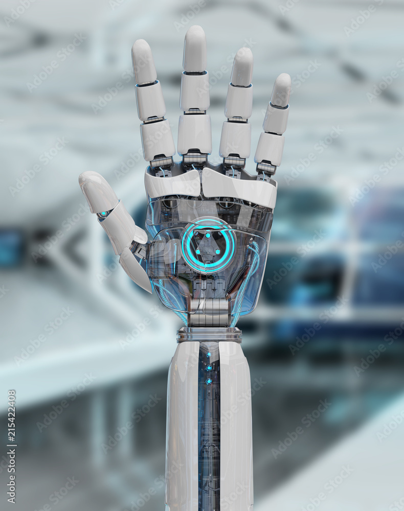 白色半机器人打开他的手3D渲染