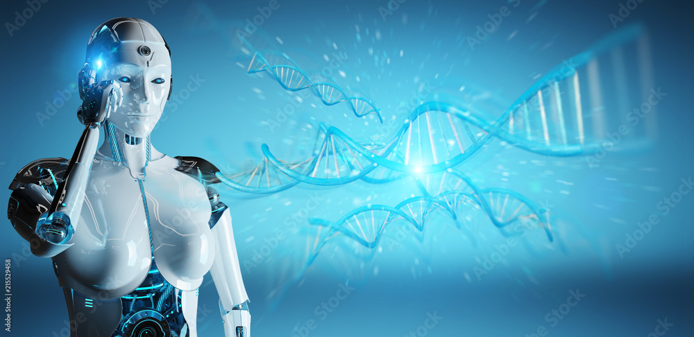 白人女性半机械人扫描人类DNA 3D渲染