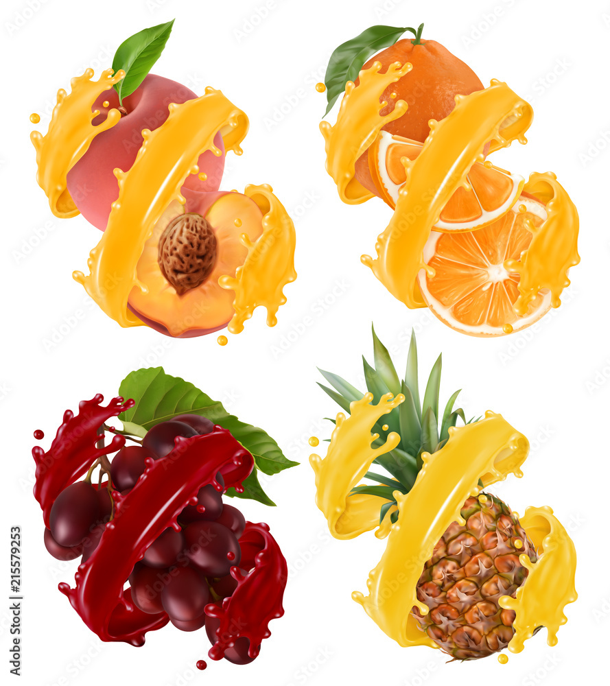 飞溅的果汁中的水果和浆果。橙子、菠萝、葡萄、桃子。三维逼真矢量