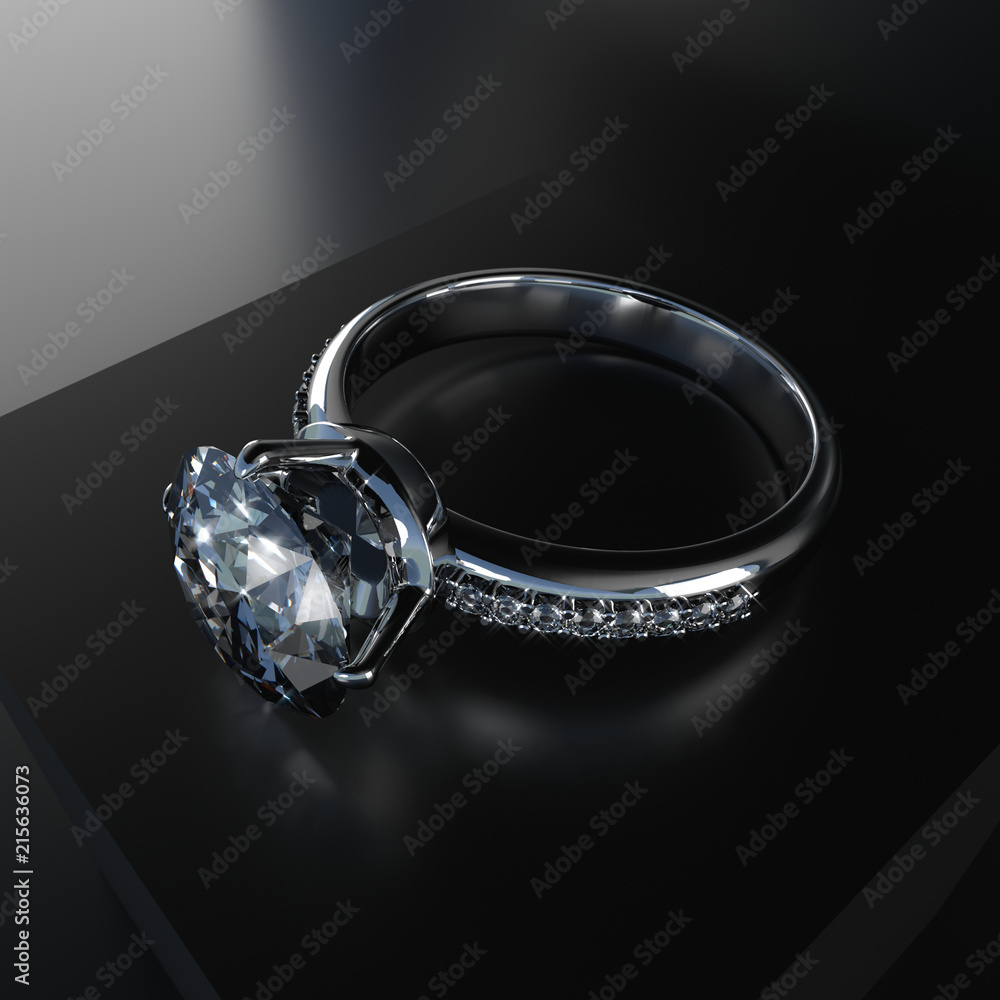 逼真的钻石戒指放置在深色背景上，3d插图。