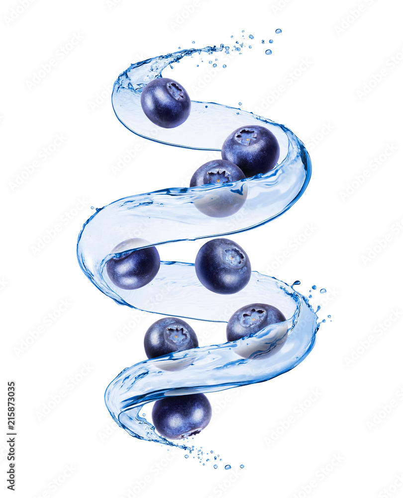 Blueberries with splashes of water in a swirling shape