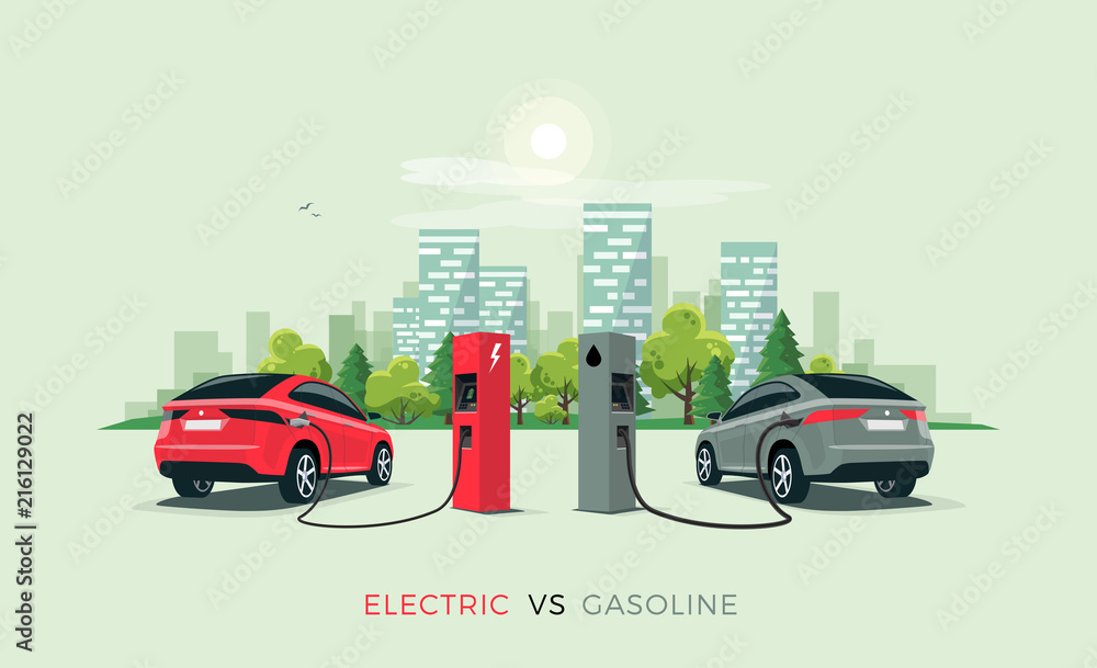 电动与汽油车suv的矢量图比较。电动汽车在充电器sta充电