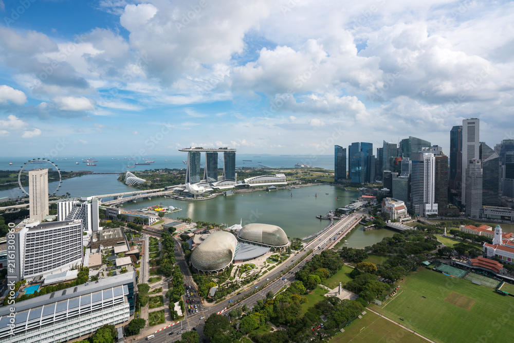 下午新加坡著名地标的新加坡商业区和城市鸟瞰图