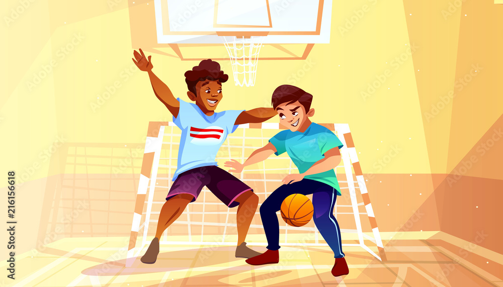 男孩在打篮球，黑人非裔美国青少年或年轻人拿着球的矢量插图