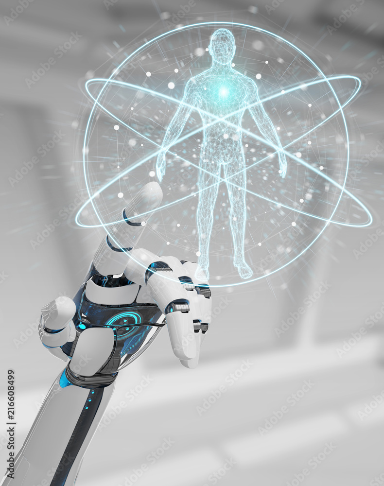 白色机器人手扫描人体3D渲染
