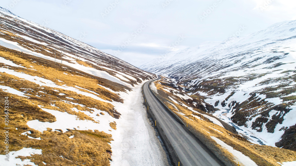 冰岛乡村景色和雪山景色的美丽道路。鸟瞰图
