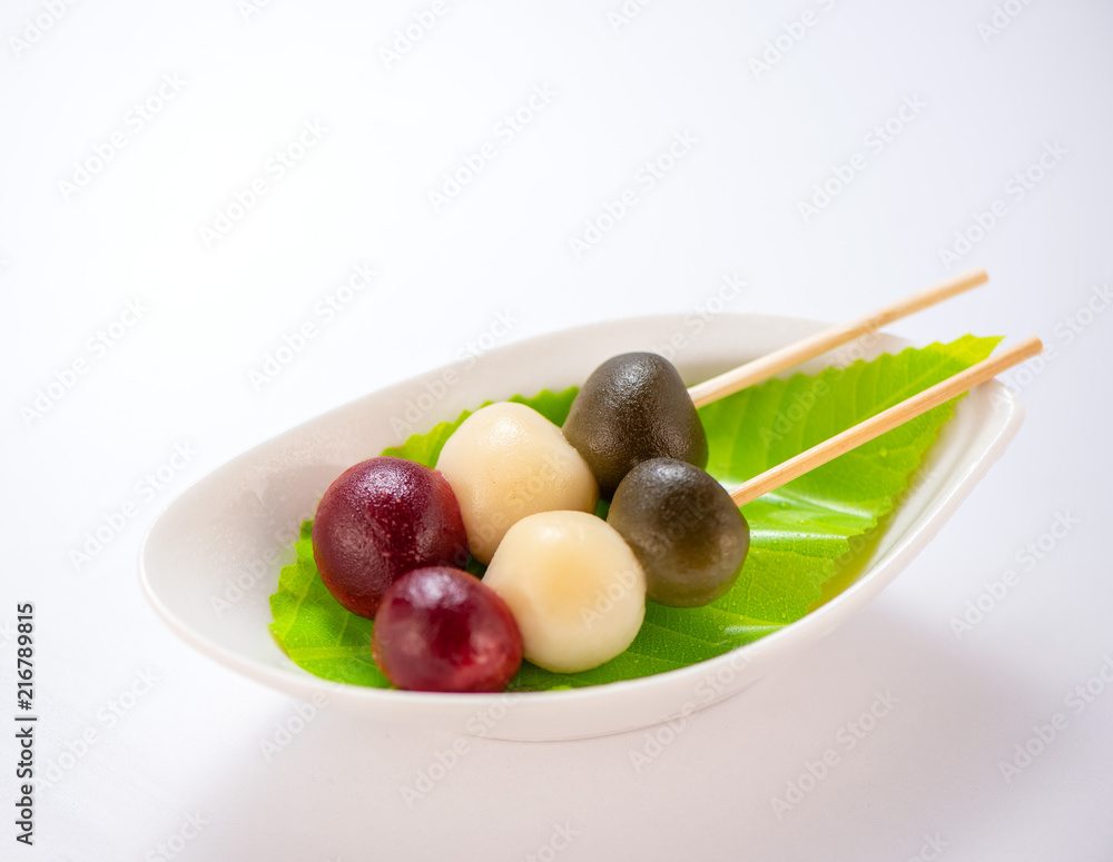 Japanese Dango dessert with 3 different color in pink(red), white, and green, recipe, hanami Dango, 