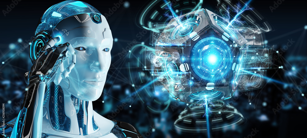 白人人形机器人使用无人机安全摄像头3D渲染