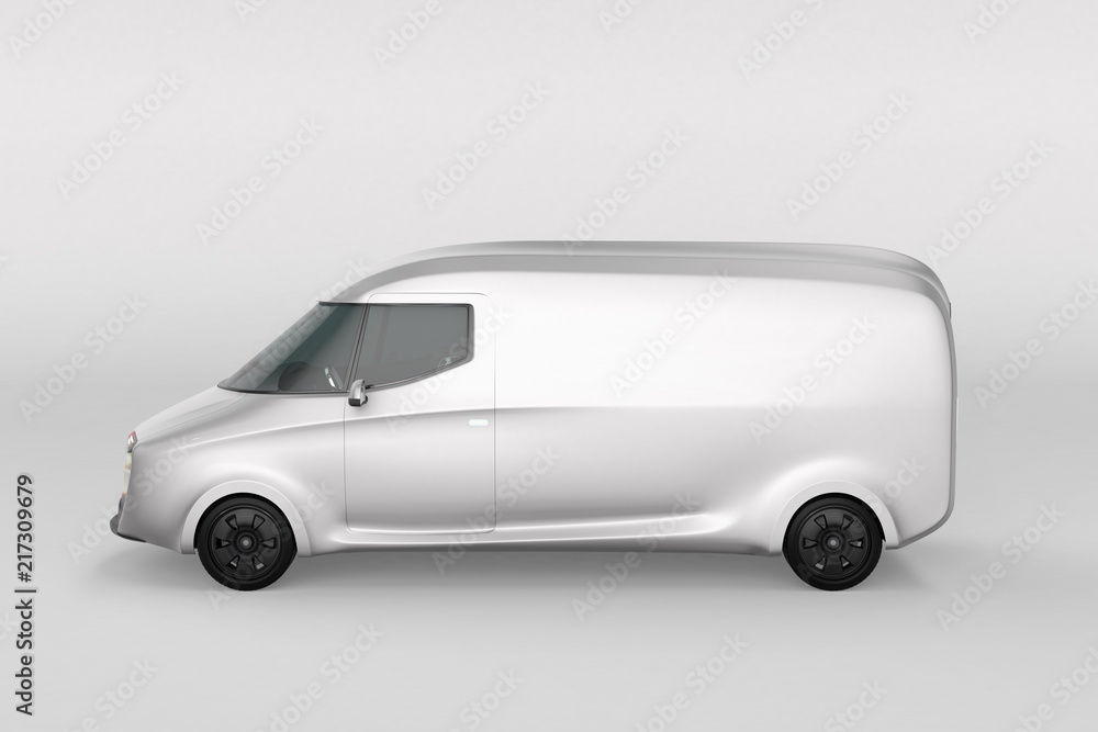 白色电动送货车的侧视图，车身上有复制空间。3D渲染图像。