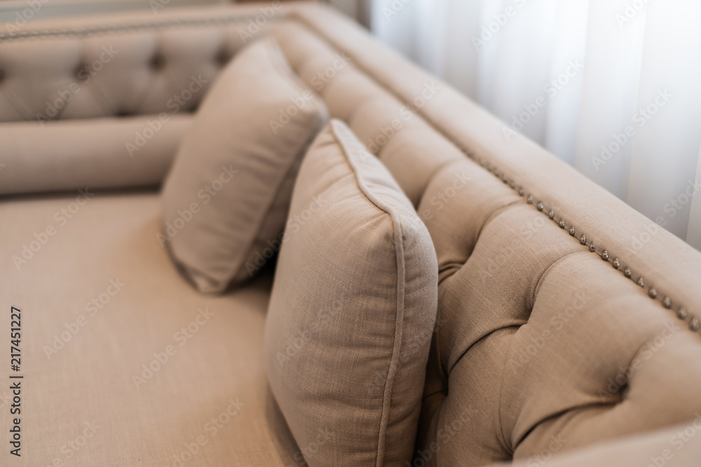 closeup of nice beautiful cozy pillow of luxury sofa house concept