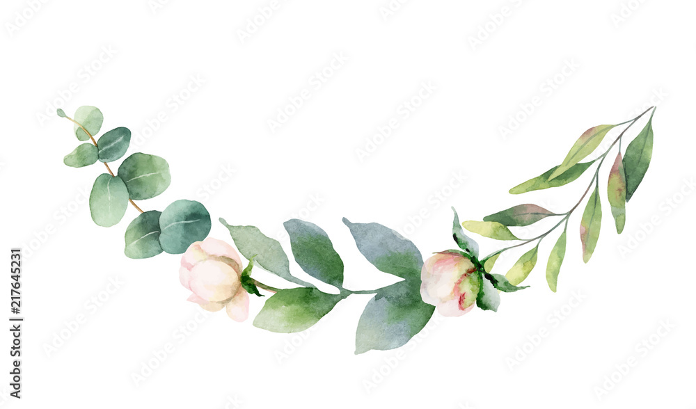 水彩矢量手绘粉色花朵和绿色叶子的花环。