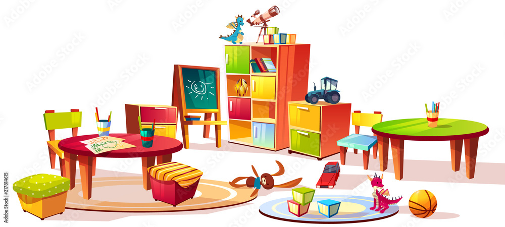 幼儿园内部家具学龄前儿童房间玩具抽屉矢量插图，桌子wi