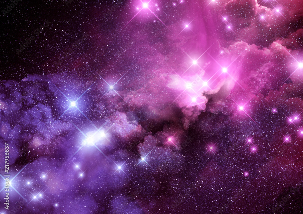Pink and purple galaxy nebula and stars background. Raster illustration.