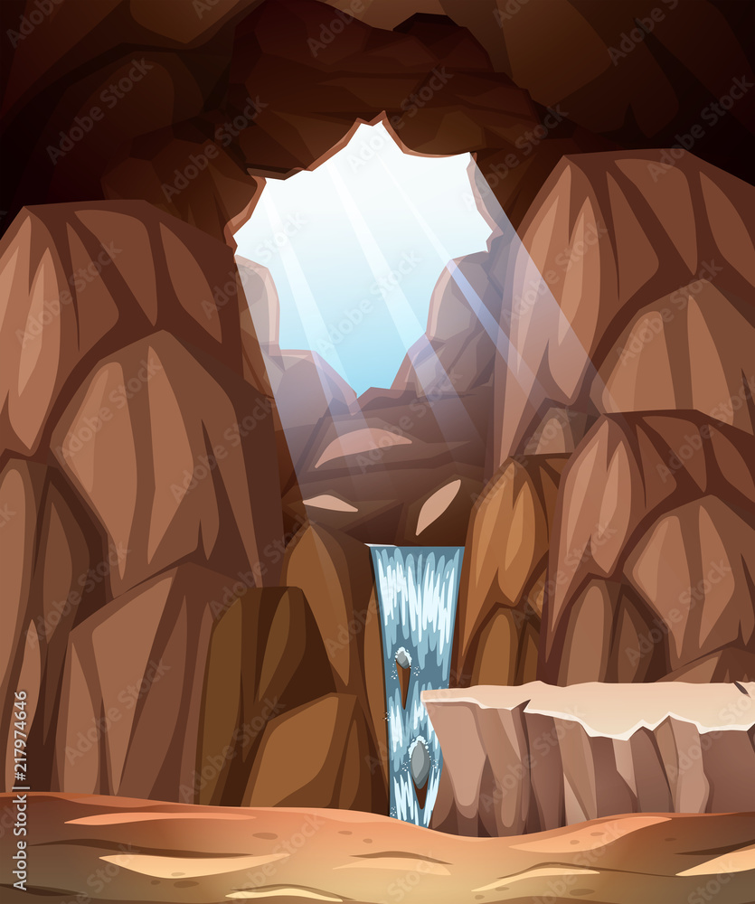Cave scene with skylight and waterfall