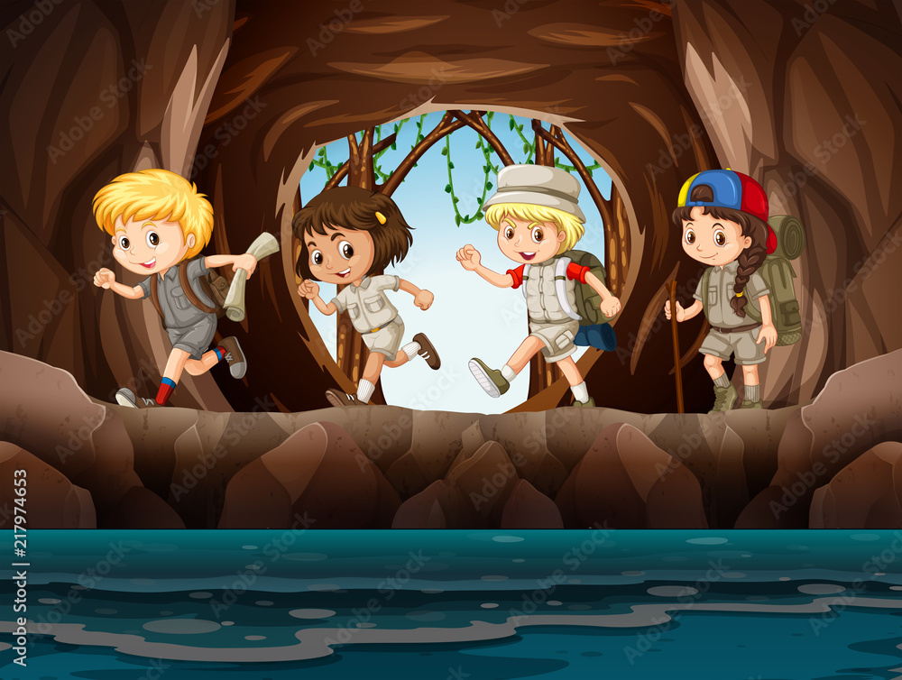 Young child scouts exploring a cave
