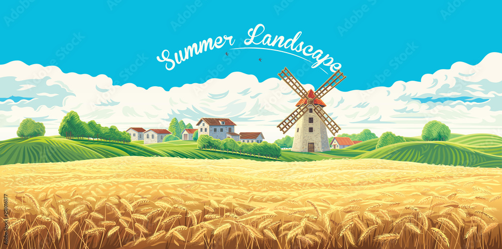 乡村夏季景观，村庄、磨坊和大片麦田。
