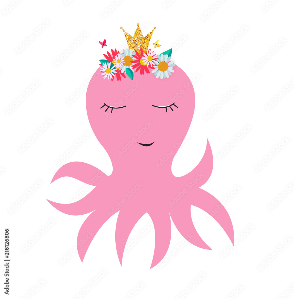可爱的章鱼小公主，带王冠和花朵，用于卡片和衬衫设计。矢量插图