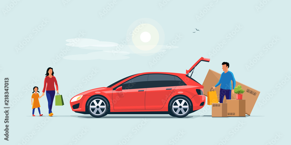 一个男人带着家人从购物回来，在汽车后备箱里装聚氨酯的平面矢量图