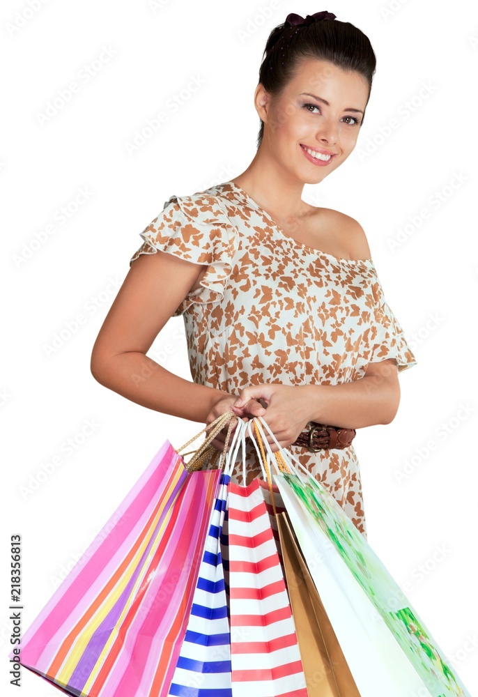 Friendly Young Woman with Shopping Bags - Isolated