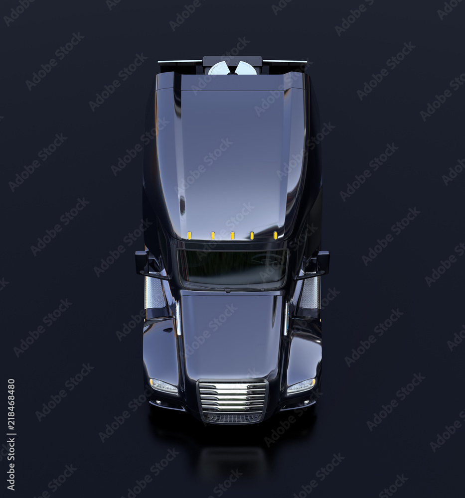 黑色背景下美国黑色燃料电池动力卡车驾驶室的前视图。3D渲染图像。