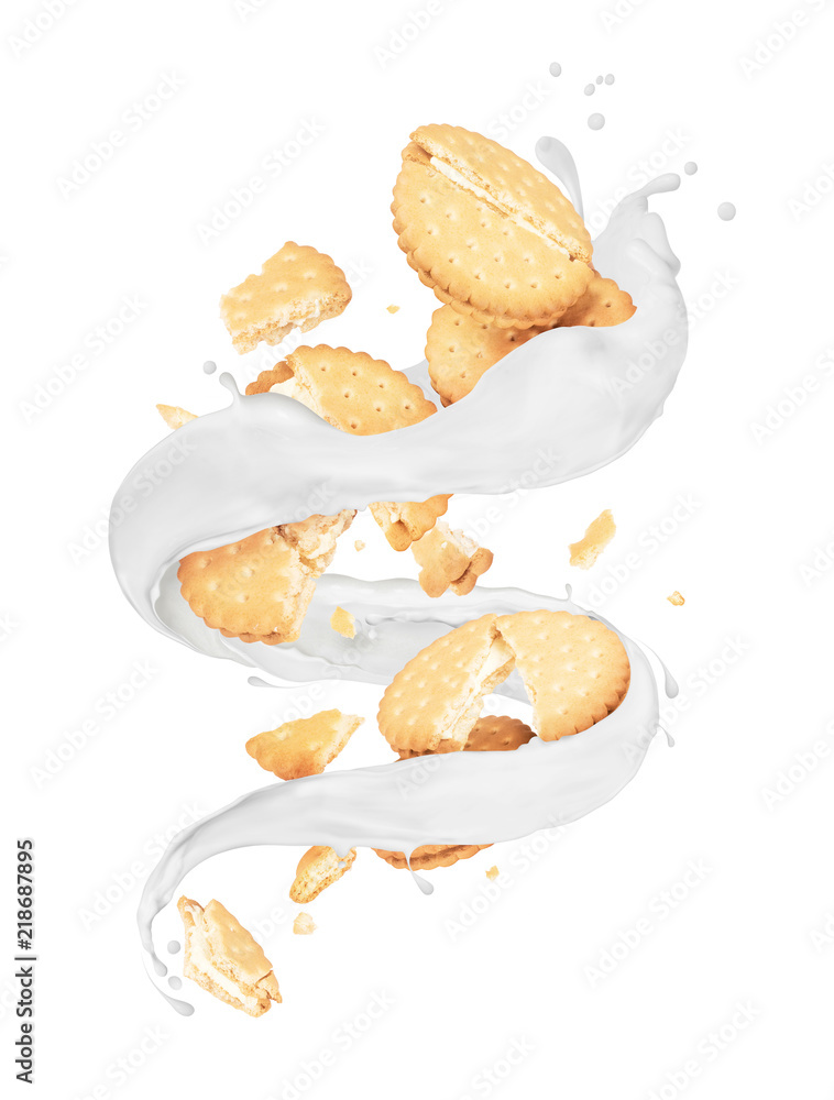 白色背景上牛奶飞溅成漩涡状的碎饼干