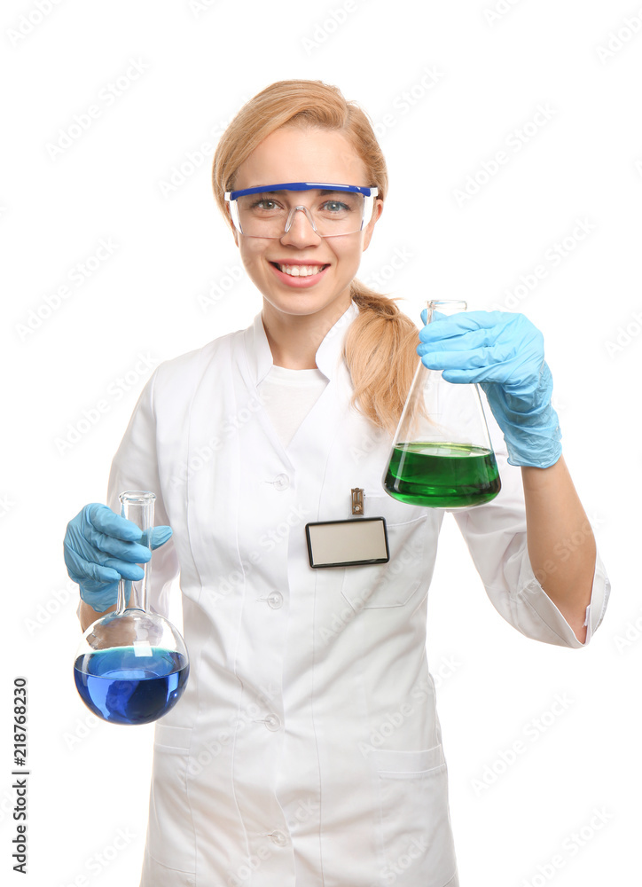 Female scientist with flasks on white background