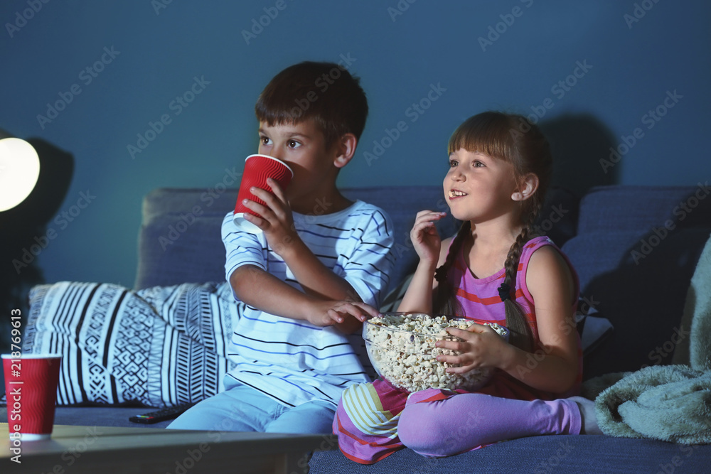 可爱的孩子晚上在沙发上看电视