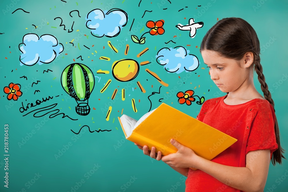 Education and school concept -  little student girl with  book