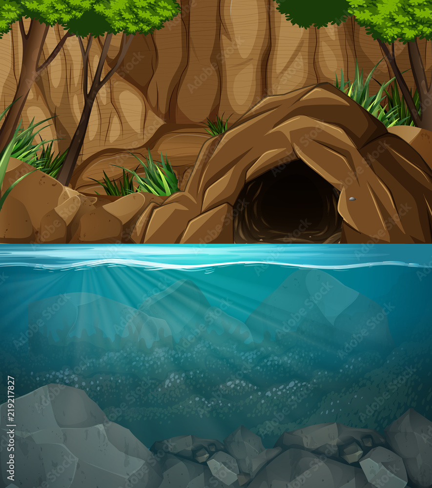 Underwater cave landscape scene