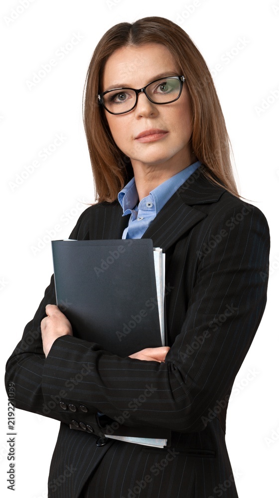 戴眼镜的女商人拿着文件夹特写-隔离