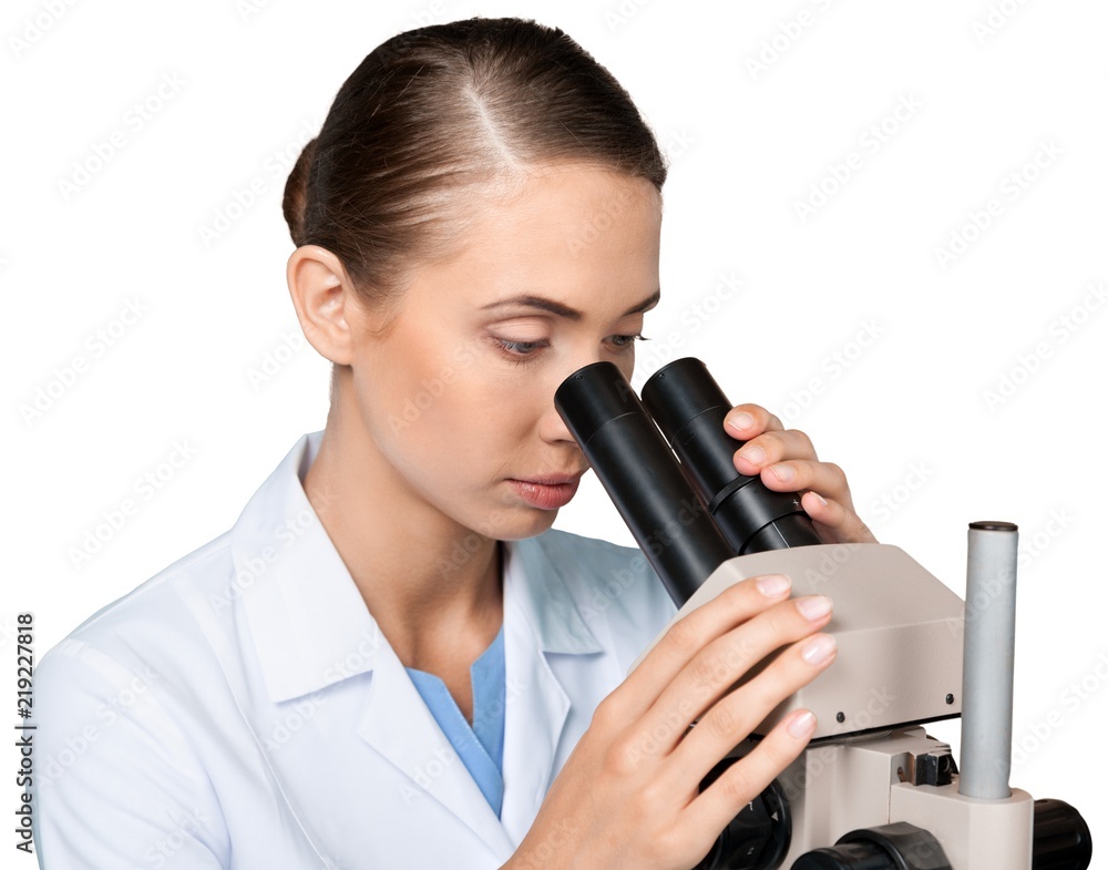 科学家使用分离在白色背景上的显微镜工作