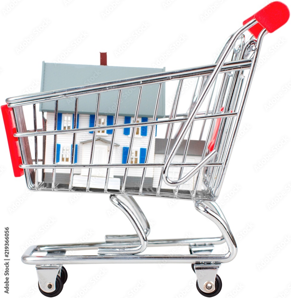 Shopping cart with a house in it - home buying concept