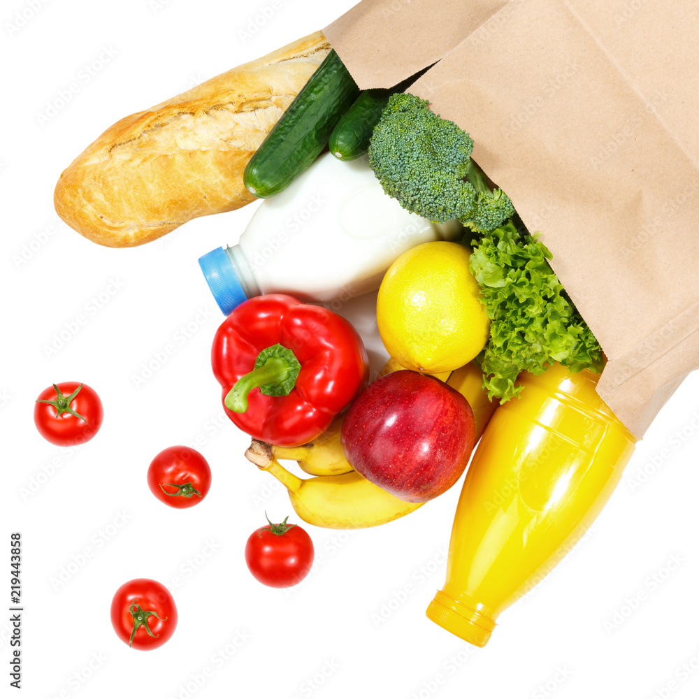 Einkauf Lebensmittel einkaufen Früchte Obst und Gemüse von oben Quadrat Papiertüte freigestellt Frei