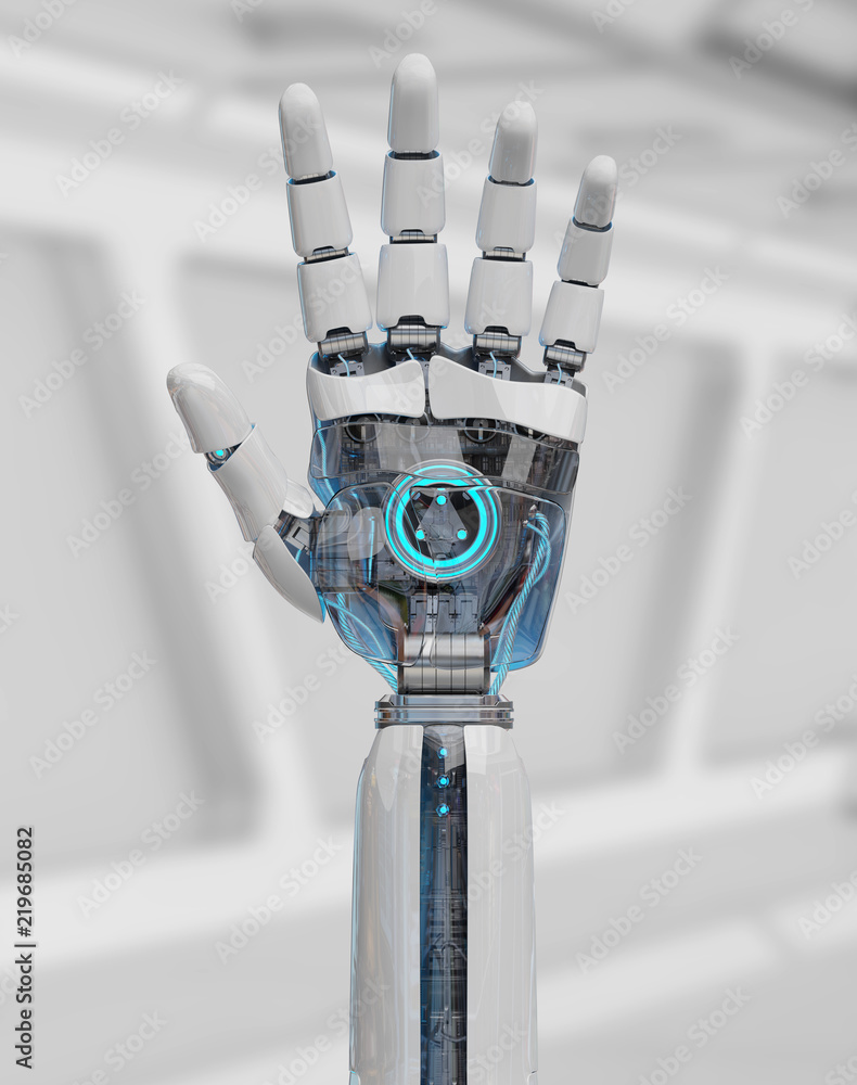 白色半机器人打开他的手3D渲染