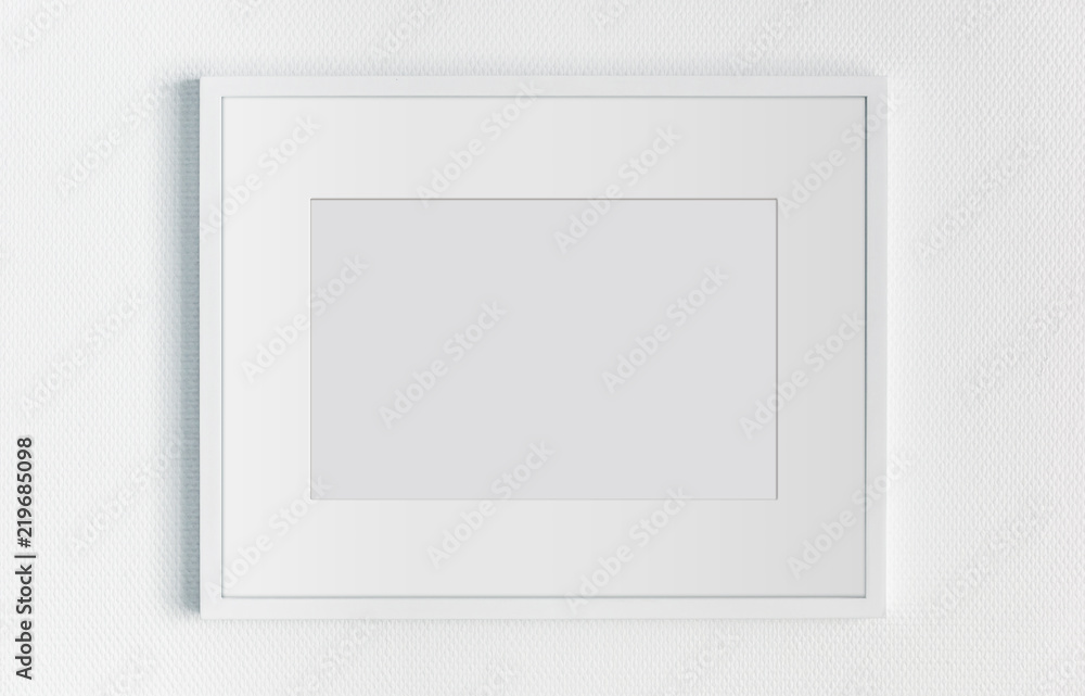白色矩形水平框架悬挂在白色墙壁上实体模型3D渲染