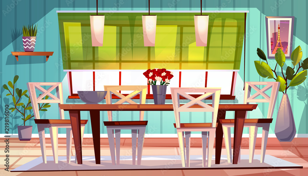 Dining room interior vector illustration of modern or retro apartment or summer terrace with wooden 
