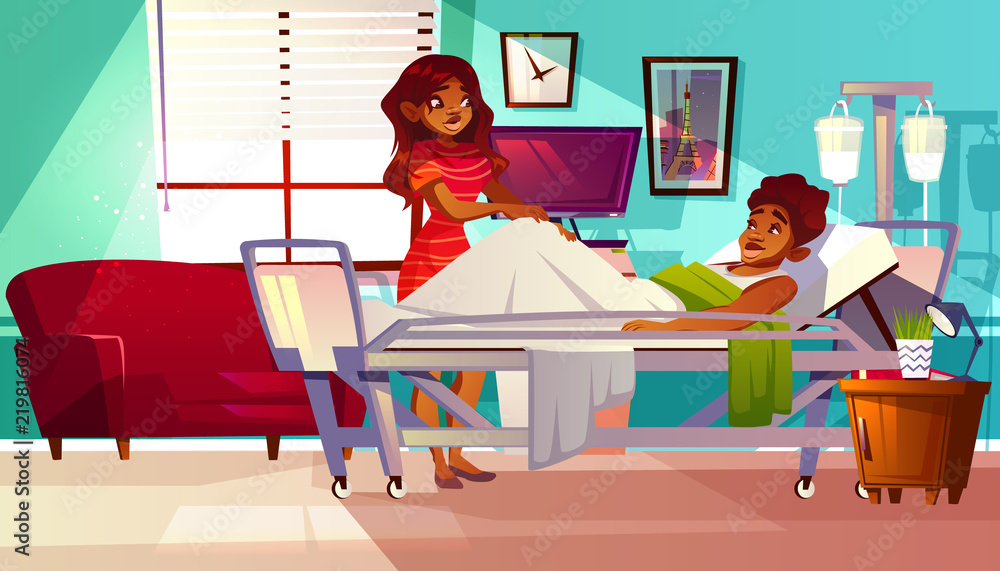 医院病房中非裔美国黑人女性访客的矢量图支持躺着的患者
