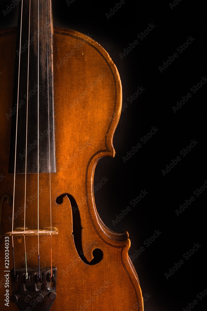 小提琴前视图，独立于黑色