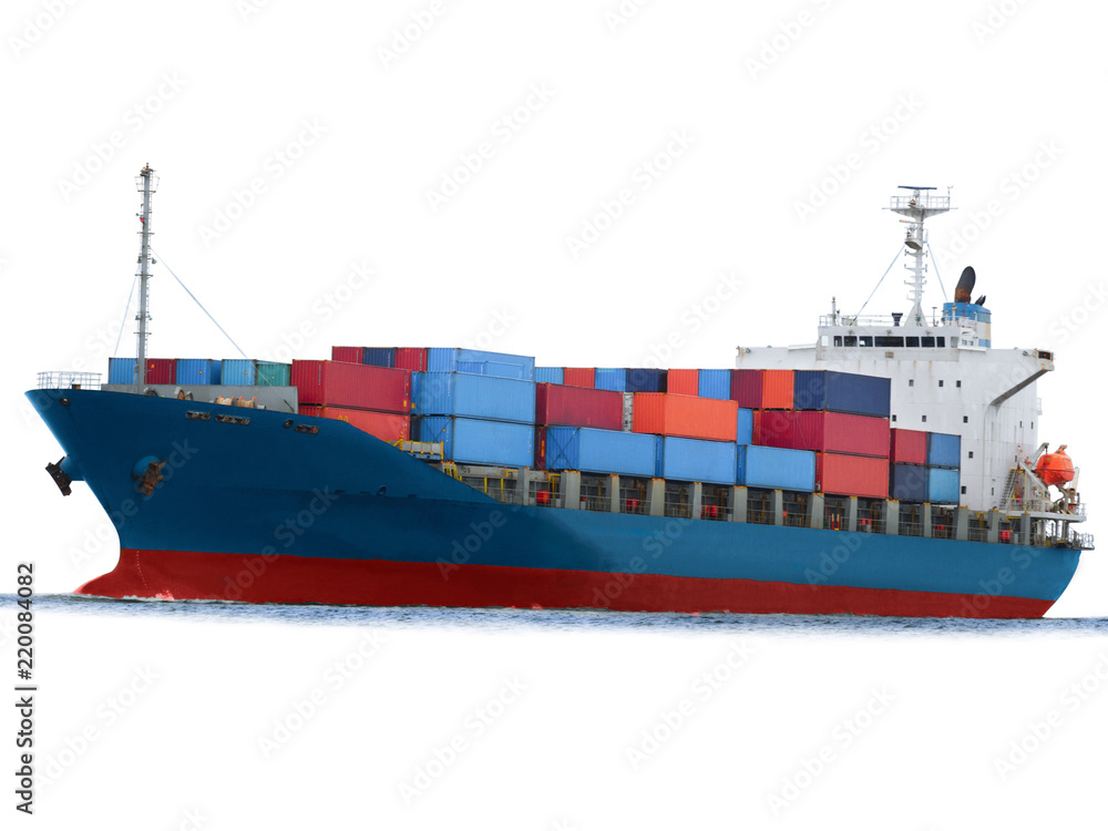 白色背景的货物集装箱船用于海运概念运输