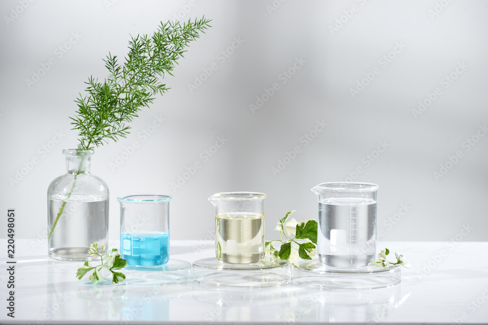 叶、油和成分提取物用于自然美容和有机玻璃的实验室实验和研究