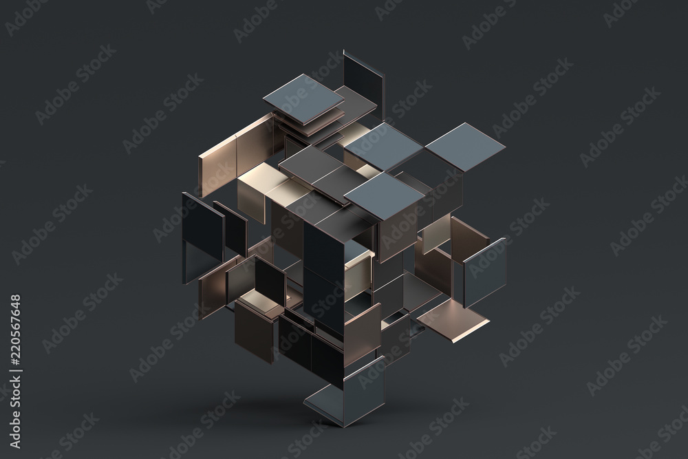 抽象的几何形状三维渲染。正方形构图。立方体设计。现代背景