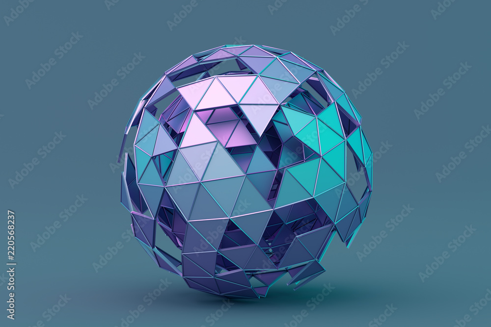 多边形球体的抽象三维渲染。几何形状，未来现代背景设计