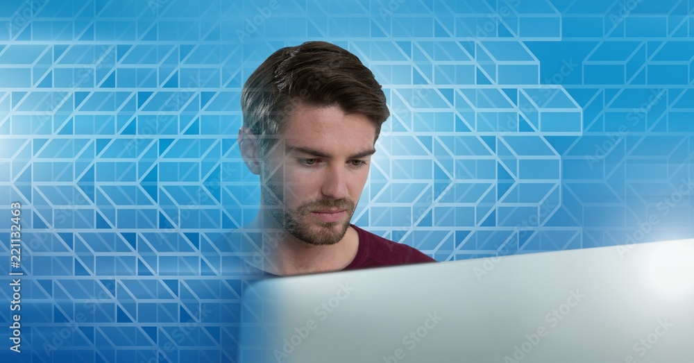Man using laptop computer with geometric transition