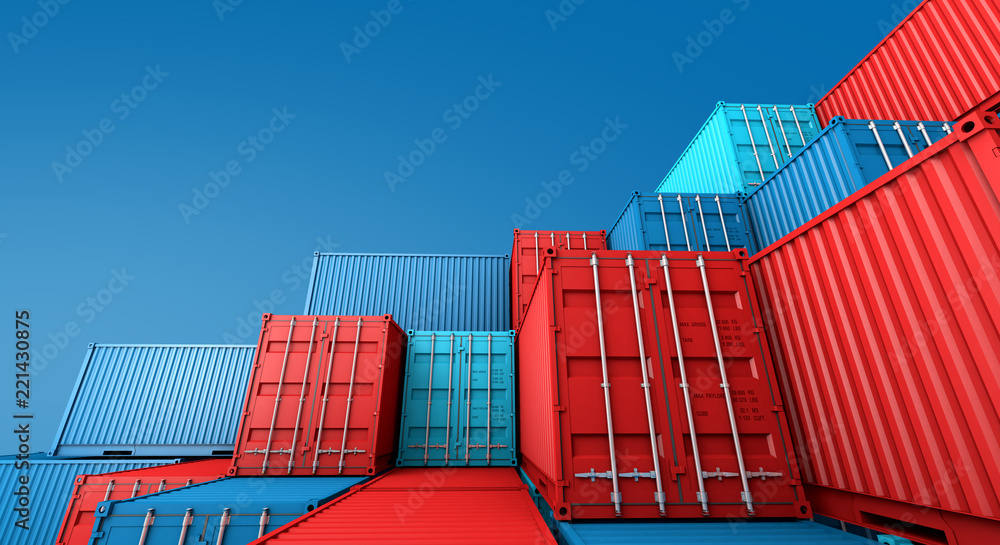 集装箱箱堆叠，进出口货运船3D