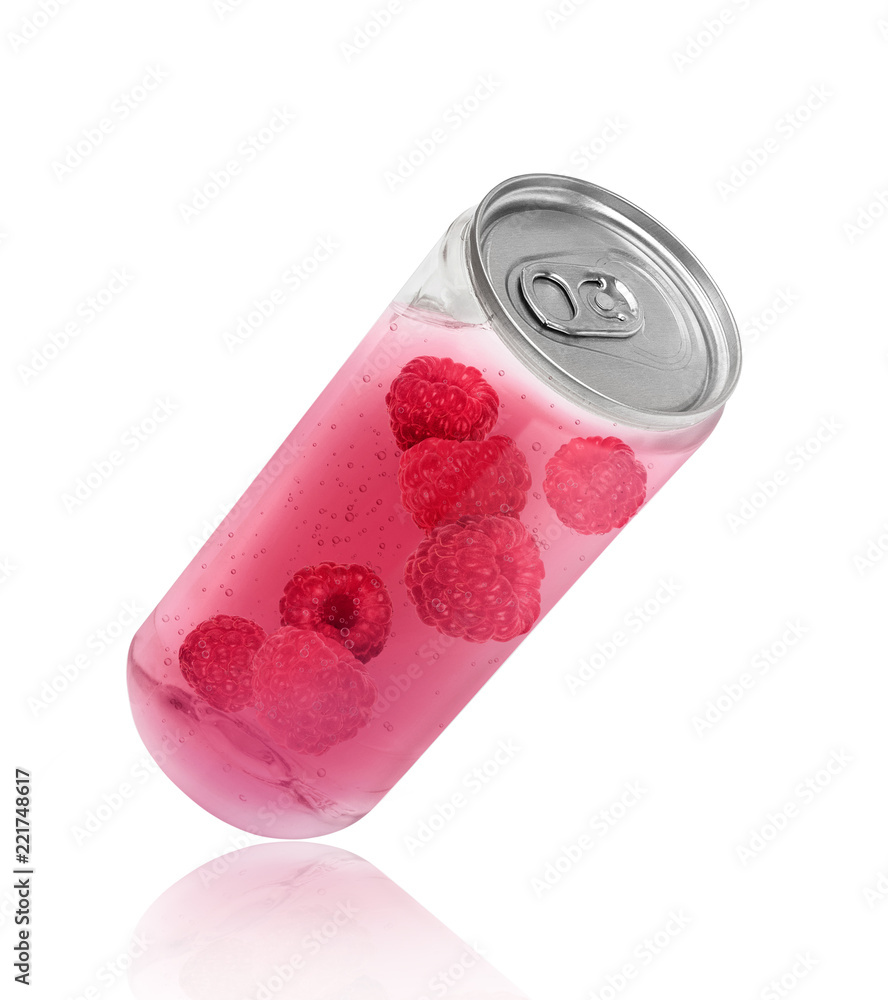 Raspberry juice in a plastic bottle, conceptual image isolated on white background
