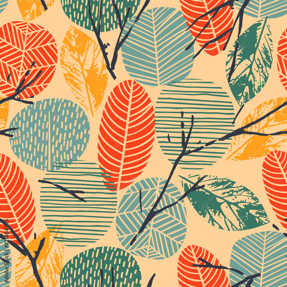 抽象的秋季无缝图案与树木。各种表面的矢量背景。