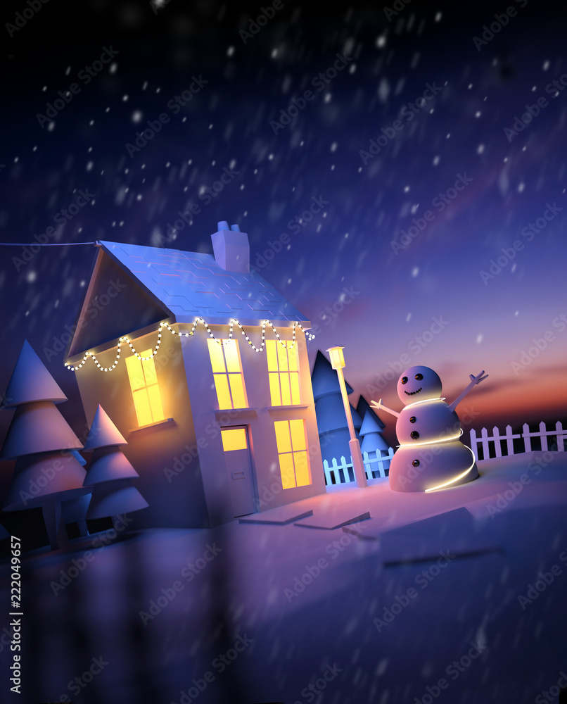 家里的圣诞节。一个冬天的场景，一个雪人在里面，欢迎的房子被童话般的灯光照亮