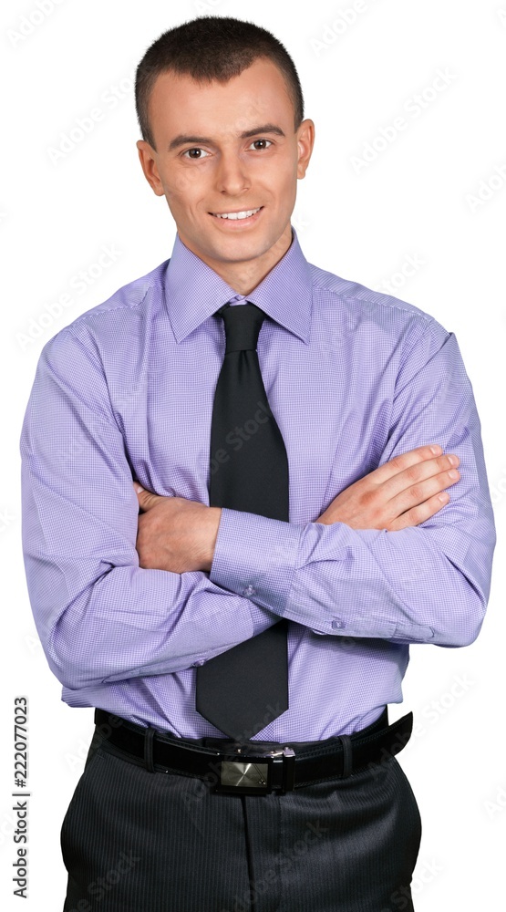 身穿紫色衬衫的年轻商务人士被隔离在白色背景下